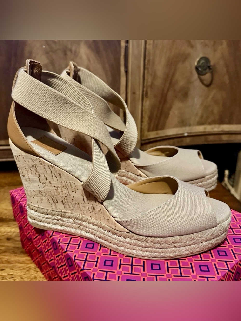 Tory Burch Peep Toe Cork Wedge  Espadrille Nude color